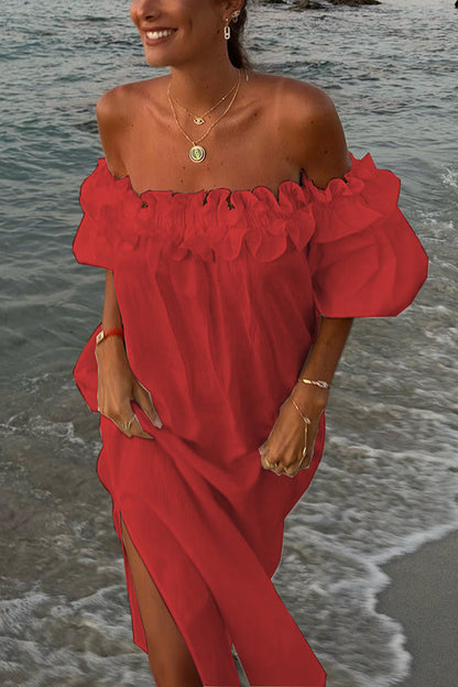 Off-Shoulder Ruffle Puff Sleeve Midi Dress