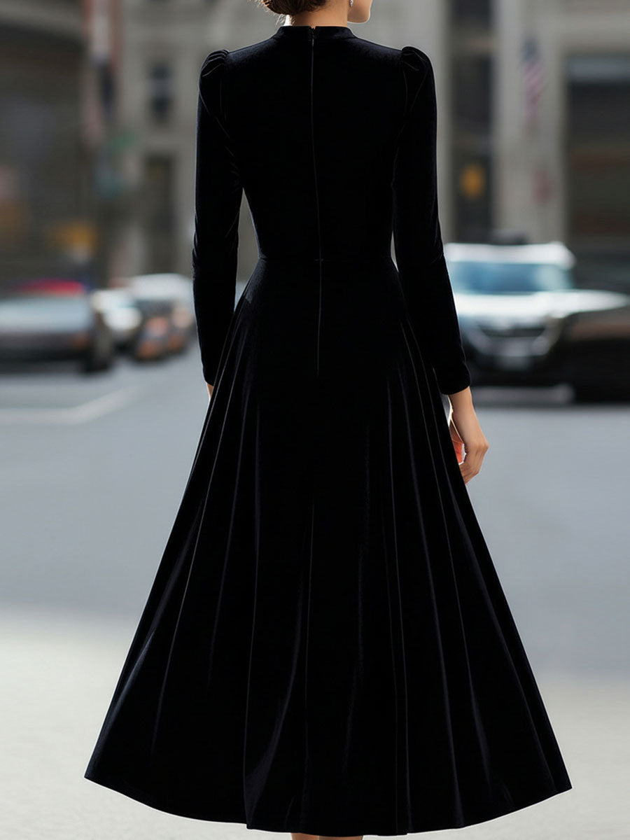 Luxurious   Velvet Long-Sleeve Midi Dress