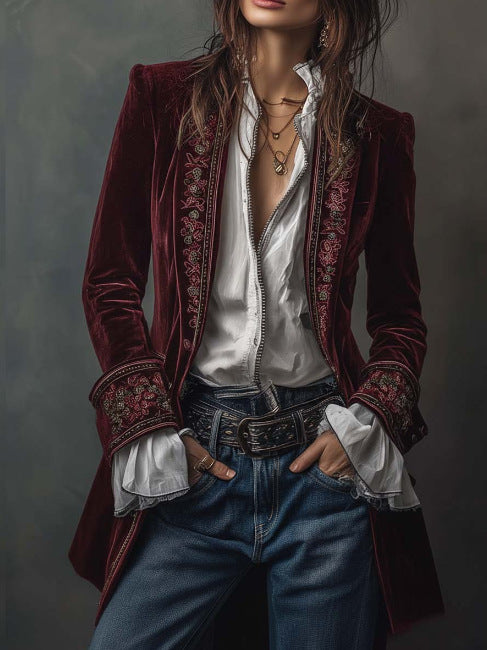 Vintage Navy Velvet Embroidered Long Jacket