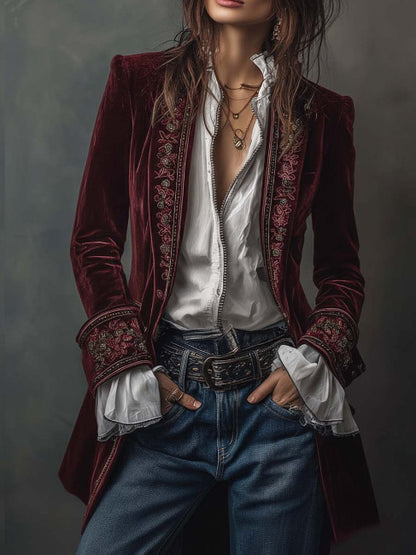 Vintage Navy Velvet Embroidered Long Jacket