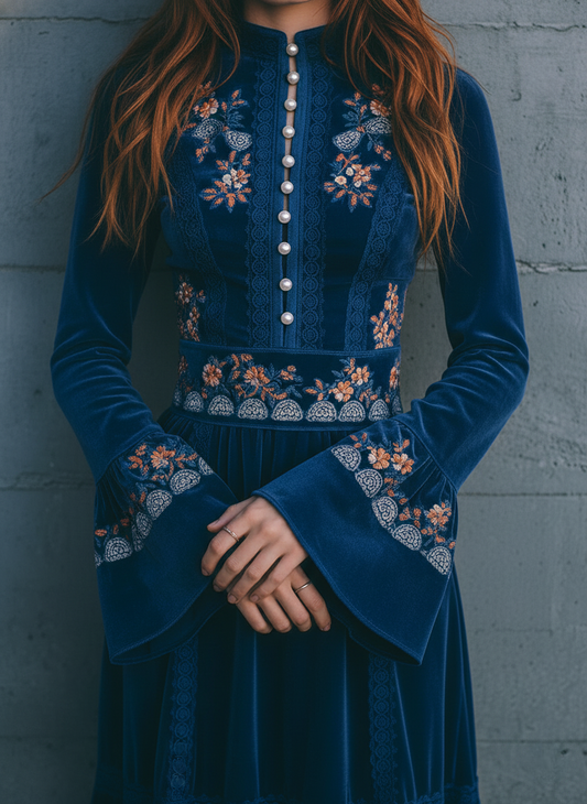 Retro Elegant Blue Velvet Embroidered Long Sleeve Maxi Dress