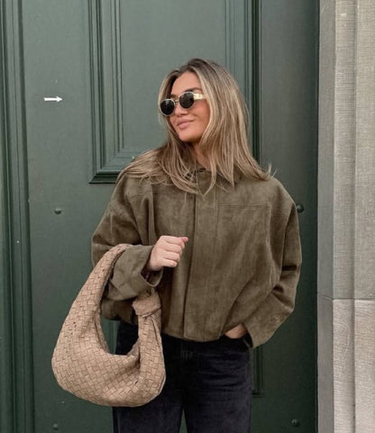 Olive Green Suede Oversized Lapel Casual Jacket