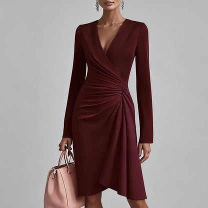 Women's Elegant White Wrap V Neck Long Sleeve Ruched Asymmetrical Hem Midi Dress