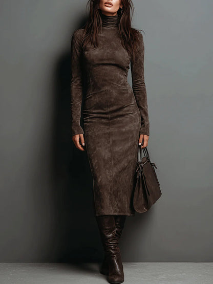 High Neck Long Sleeve Suede Midi Dress