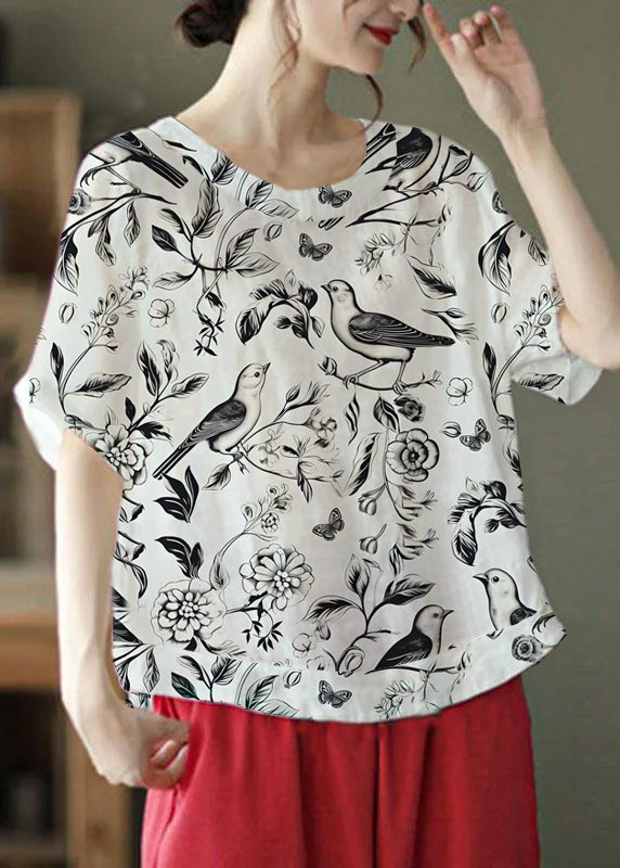 Einzigartiges weißes Sommerhemd aus Ramie mit O-Ausschnitt und Stickereien, halbe Ärmel