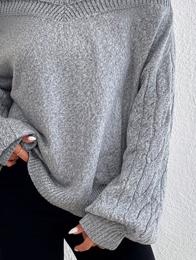 High-Neck Off-Shoulder Cable-Knit Oversized Sweater