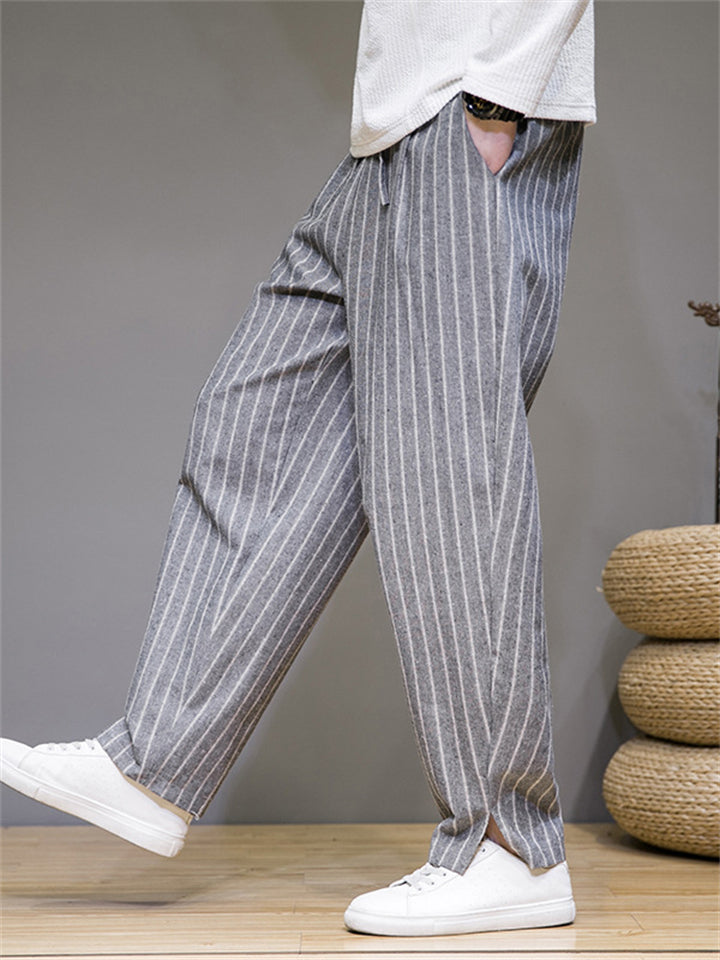 Spring Autumn Men's Fashionable Drawstring Striped Pants