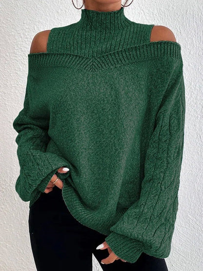 High-Neck Off-Shoulder Cable-Knit Oversized Sweater