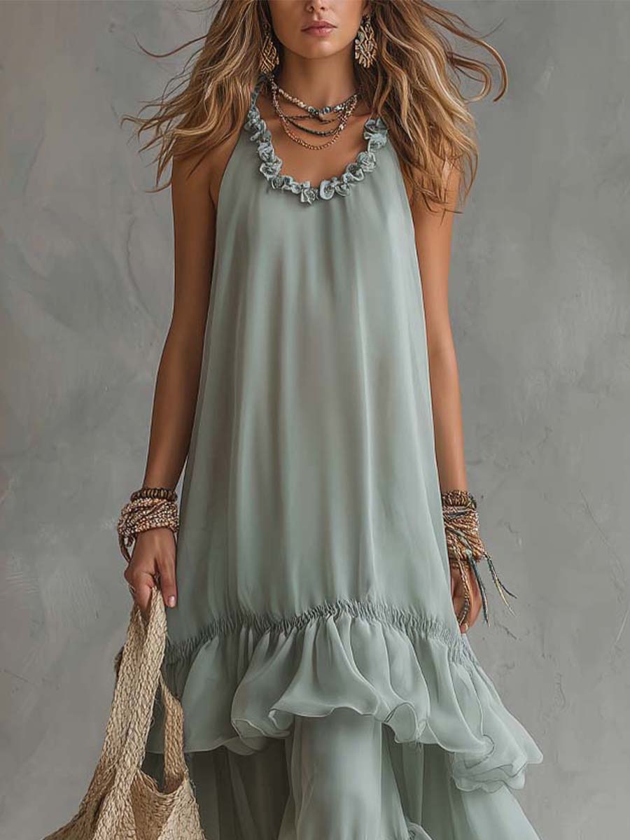 Lightweight Bohemian-style Tiered Ruffle Sleeveless Maxi Dress