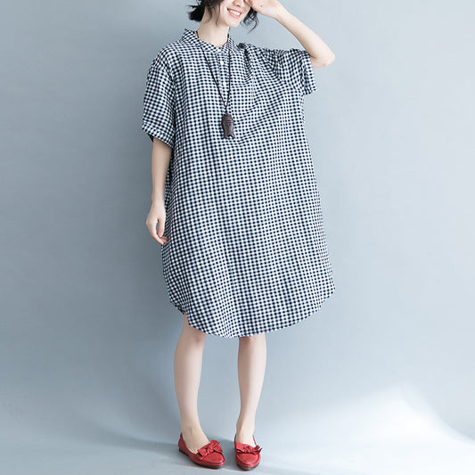 Baggy Plaid natürliche Baumwolle Kleid trendige Plus Size Baumwolle Kleidung Kleider elegante Kurzarm Stand Baumwolle Kleidung