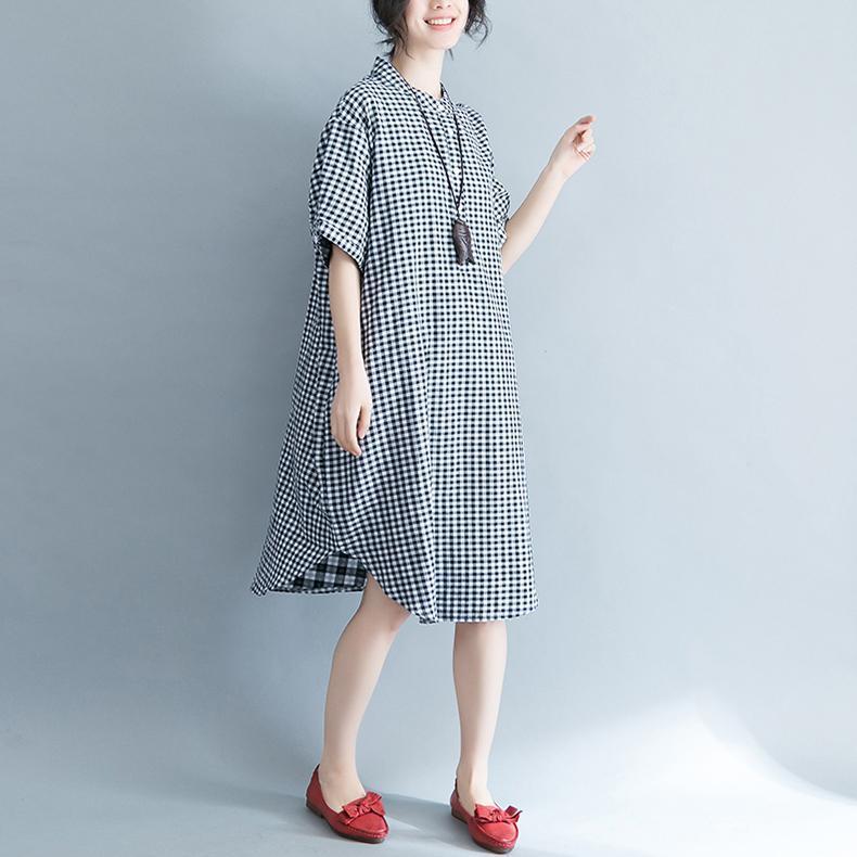 Baggy Plaid natürliche Baumwolle Kleid trendige Plus Size Baumwolle Kleidung Kleider elegante Kurzarm Stand Baumwolle Kleidung