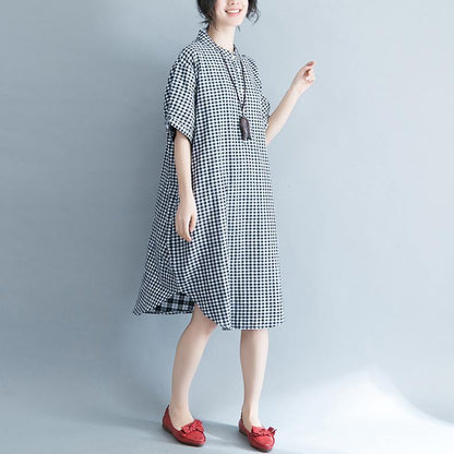 Baggy Plaid natürliche Baumwolle Kleid trendige Plus Size Baumwolle Kleidung Kleider elegante Kurzarm Stand Baumwolle Kleidung