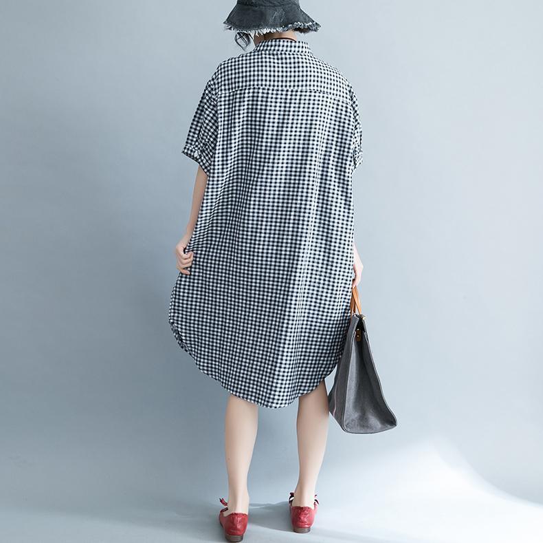 Baggy Plaid natürliche Baumwolle Kleid trendige Plus Size Baumwolle Kleidung Kleider elegante Kurzarm Stand Baumwolle Kleidung