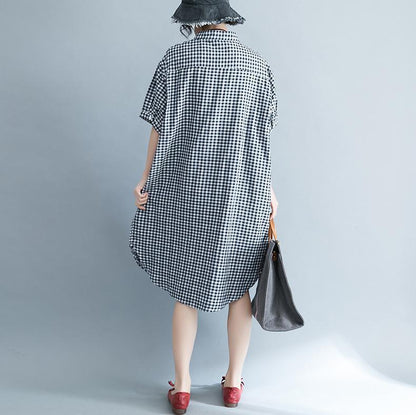 Baggy Plaid natürliche Baumwolle Kleid trendige Plus Size Baumwolle Kleidung Kleider elegante Kurzarm Stand Baumwolle Kleidung