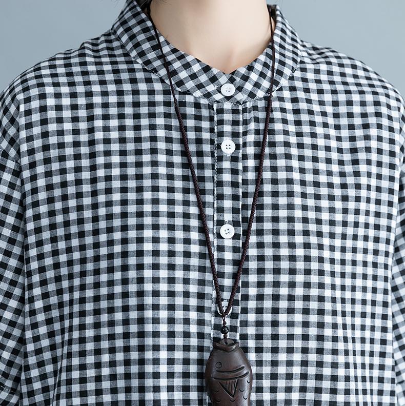 Baggy Plaid natürliche Baumwolle Kleid trendige Plus Size Baumwolle Kleidung Kleider elegante Kurzarm Stand Baumwolle Kleidung