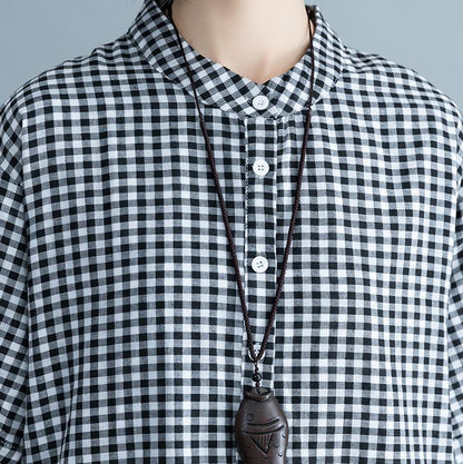 Baggy Plaid natürliche Baumwolle Kleid trendige Plus Size Baumwolle Kleidung Kleider elegante Kurzarm Stand Baumwolle Kleidung