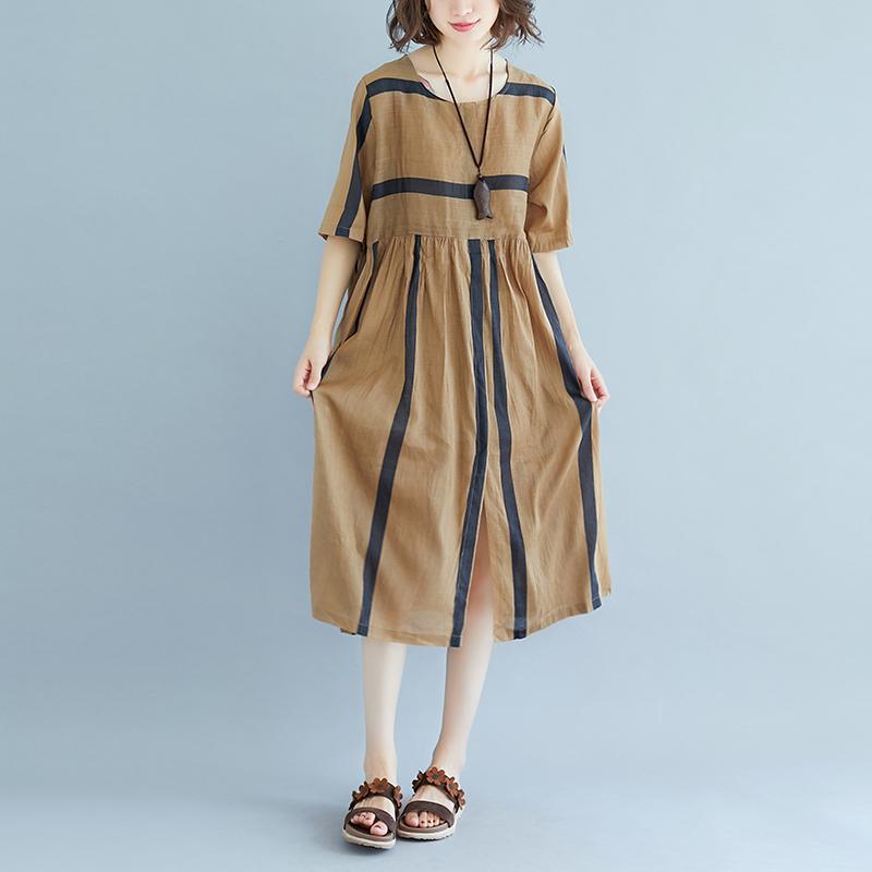 Baggy Tencel Chiffon Sommerkleid Plus Size Kurzarm Rundhals Taschen Streifen Plissee Schlitz Kleid