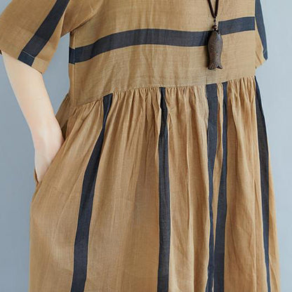 Baggy Tencel Chiffon Sommerkleid Plus Size Kurzarm Rundhals Taschen Streifen Plissee Schlitz Kleid
