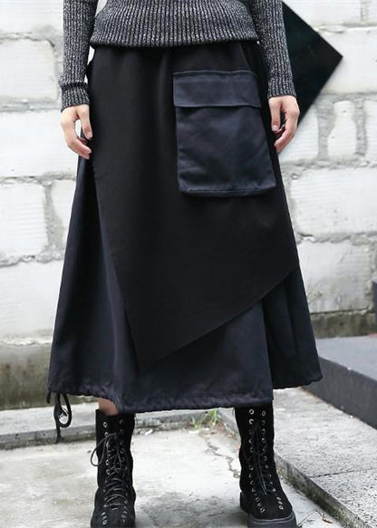 baggy schwarzer Midi-Rock Oversize Reisekleidung Patchwork Vintage asymmetrisches Design Herbstrock