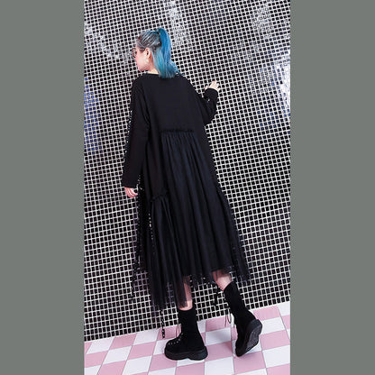 Baggy schwarz casual herbst kleider patchwork tüll asymmetrische design frauen O neck Nieten knie kleider