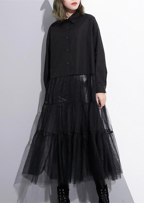 Baggy Schwarzes Baumwollkleid Lässiges Patchwork Tüll Kleidung Kleider Neue Reverskragen Kaftans