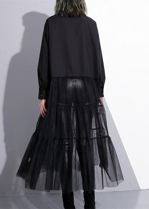 Baggy Schwarzes Baumwollkleid Lässiges Patchwork Tüll Kleidung Kleider Neue Reverskragen Kaftans
