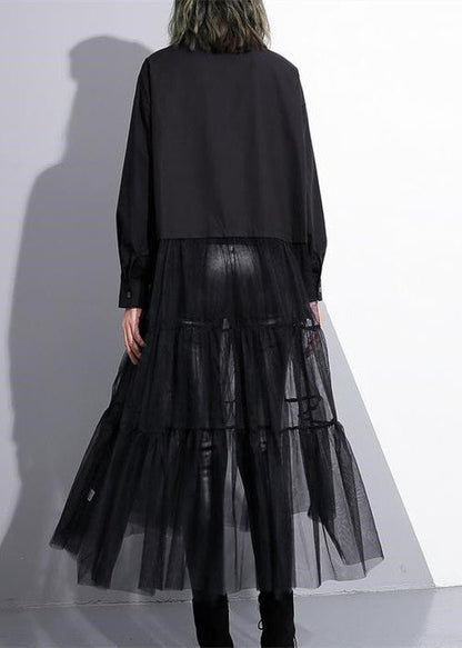 Baggy Schwarzes Baumwollkleid Lässiges Patchwork Tüll Kleidung Kleider Neue Reverskragen Kaftans