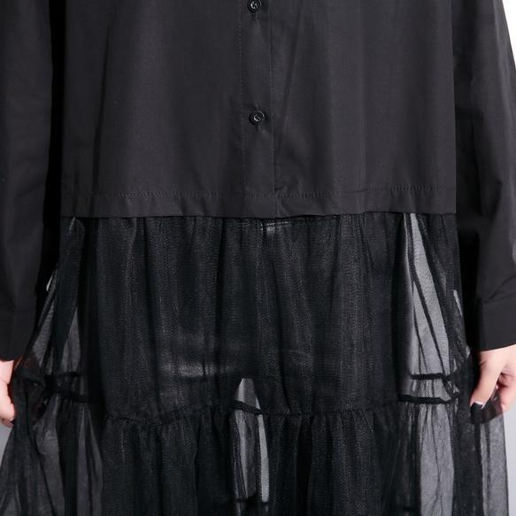 Baggy Schwarzes Baumwollkleid Lässiges Patchwork Tüll Kleidung Kleider Neue Reverskragen Kaftans