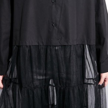 Baggy Schwarzes Baumwollkleid Lässiges Patchwork Tüll Kleidung Kleider Neue Reverskragen Kaftans