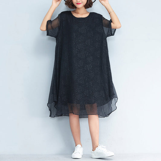 Baggy schwarzes Chiffon-Kniekleid mit Blumenmuster, übergroße Reisekleidung, elegantes kurzärmliges Chiffon-Kleid mit mehreren Lagen