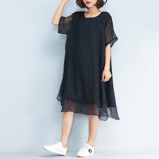 Baggy schwarzes Chiffon-Kniekleid mit Blumenmuster, übergroße Reisekleidung, elegantes kurzärmliges Chiffon-Kleid mit mehreren Lagen