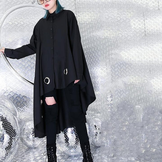 Baggy schwarzes Kniekleid trendiges Plus Size Baumwollkleid asymmetrisches Design Vintage Peter Pan Kragen Kleidungskleid