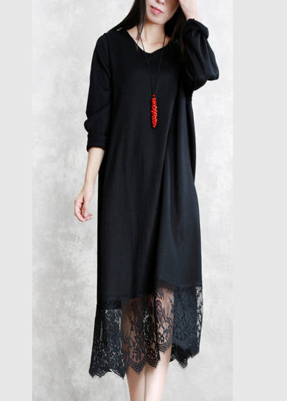 Baggy schwarze lange Wollmischkleider lässig O-Ausschnitt Patchwork Reisekleid Elegantes Langarm-Spitzen-Herbstkleid