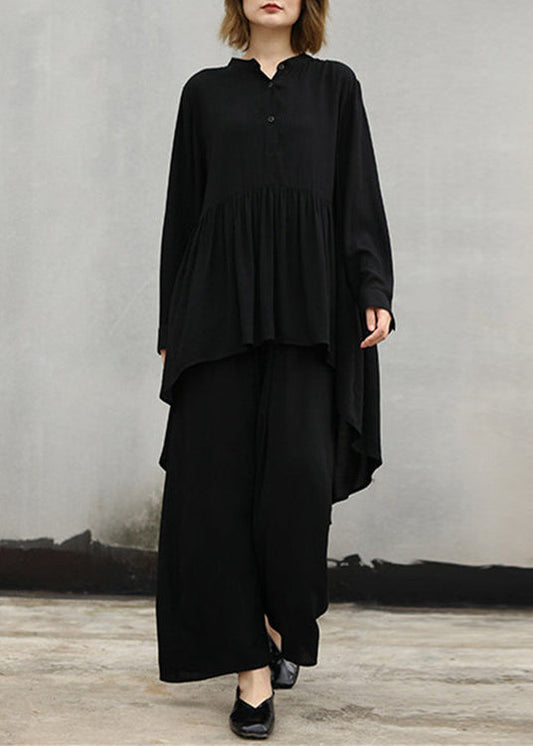 Baggy-T-Shirt aus schwarzer Naturbaumwolle, zweiteilig, locker sitzender Stehkragen, taillierte Urlaubsoberteile, Baggy-Hose