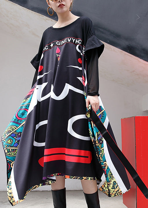 Baggy schwarzes Print langes Baumwollkleid lässiges Patchwork-Baumwollkleid mit Tüllkrawatte Neue Kleider mit asymmetrischem Saum