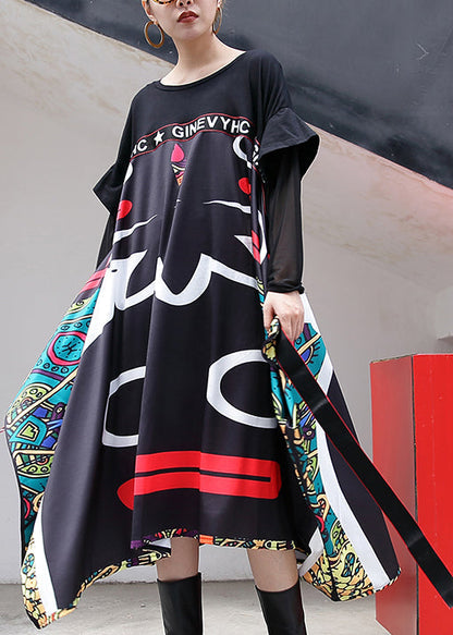 Baggy schwarzes Print langes Baumwollkleid lässiges Patchwork-Baumwollkleid mit Tüllkrawatte Neue Kleider mit asymmetrischem Saum