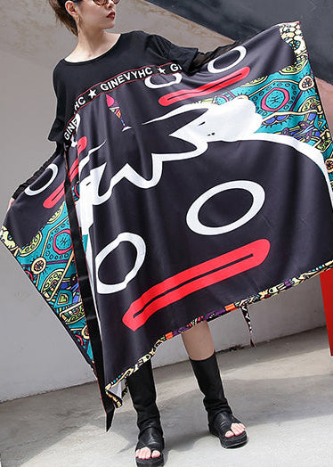 Baggy schwarzes Print langes Baumwollkleid lässiges Patchwork-Baumwollkleid mit Tüllkrawatte Neue Kleider mit asymmetrischem Saum