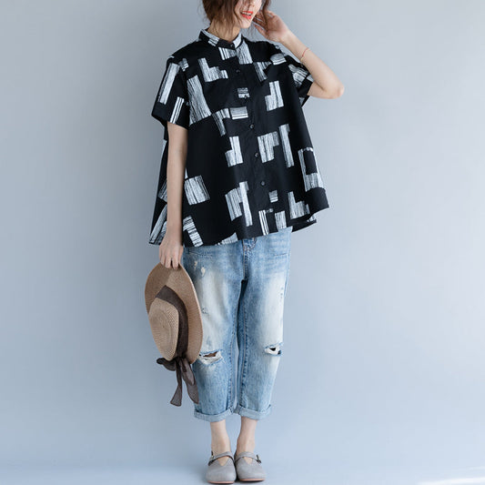 Baggy-Tops aus reiner Baumwolle in Schwarz, trendige Maxi-T-Shirts aus Leinen in Übergröße, Boutique-Stand, kurzärmelige, gestreifte Kleidungsoberteile