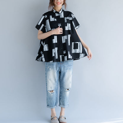Baggy-Tops aus reiner Baumwolle in Schwarz, trendige Maxi-T-Shirts aus Leinen in Übergröße, Boutique-Stand, kurzärmelige, gestreifte Kleidungsoberteile