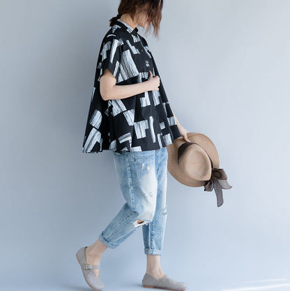 Baggy-Tops aus reiner Baumwolle in Schwarz, trendige Maxi-T-Shirts aus Leinen in Übergröße, Boutique-Stand, kurzärmelige, gestreifte Kleidungsoberteile