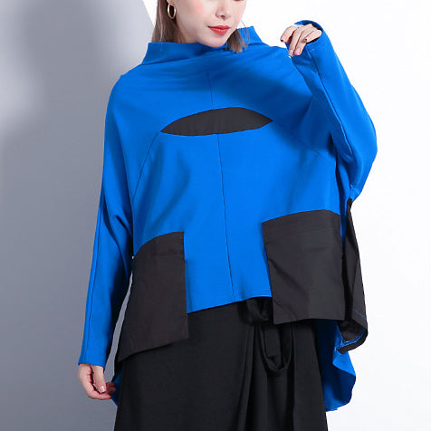baggy blue cotton blended tops plus size clothing Turtleneck pockets Elegant Batwing Sleeve patchwork cotton blended tops