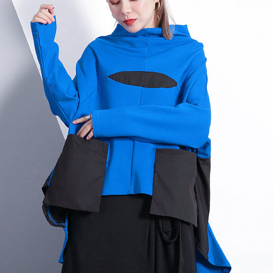 baggy blue cotton blended tops plus size clothing Turtleneck pockets Elegant Batwing Sleeve patchwork cotton blended tops
