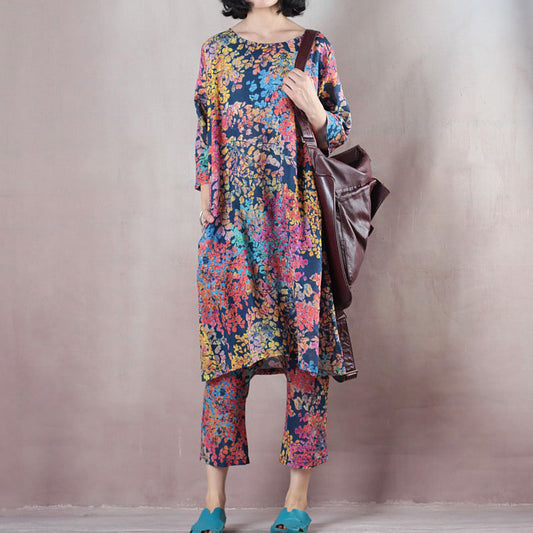 Baggy blau floral Leinen Weste plus Größe Shirts neue Halbarm O Hals natürliche Leinen Pullover