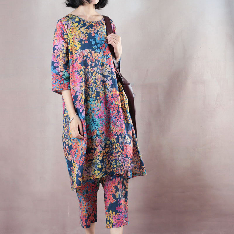 Baggy blau floral Leinen Weste plus Größe Shirts neue Halbarm O Hals natürliche Leinen Pullover