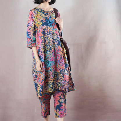 Baggy blau floral Leinen Weste plus Größe Shirts neue Halbarm O Hals natürliche Leinen Pullover