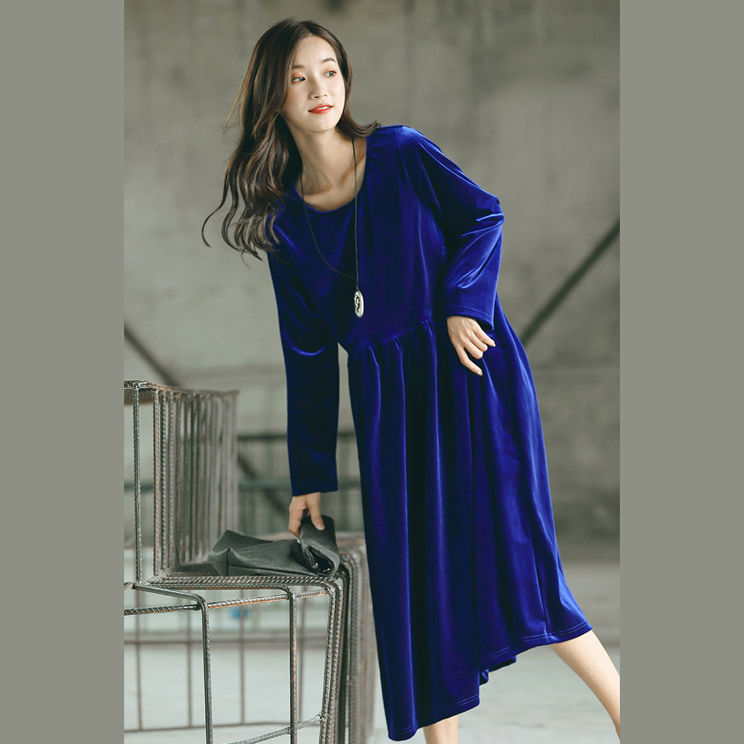 baggy blau natürliche plus größe O neck kleid feine baggy kleider