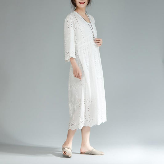 Baggy-Sommerkleid aus Baumwolle in Übergröße, zweiteiliges Set, V-Ausschnitt, Dreiviertelärmel, weißes Kleid