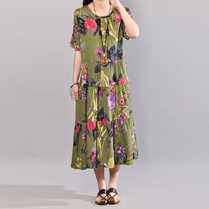 Baggy-Sommerkleid aus Baumwolle in Übergröße, Retro-Kleid mit Aufdruck, kurzärmeliges grünes Sommerkleid