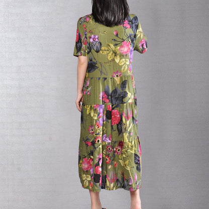 Baggy-Sommerkleid aus Baumwolle in Übergröße, Retro-Kleid mit Aufdruck, kurzärmeliges grünes Sommerkleid