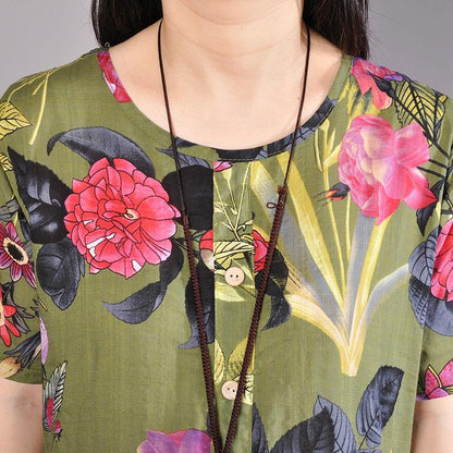 Baggy-Sommerkleid aus Baumwolle in Übergröße, Retro-Kleid mit Aufdruck, kurzärmeliges grünes Sommerkleid